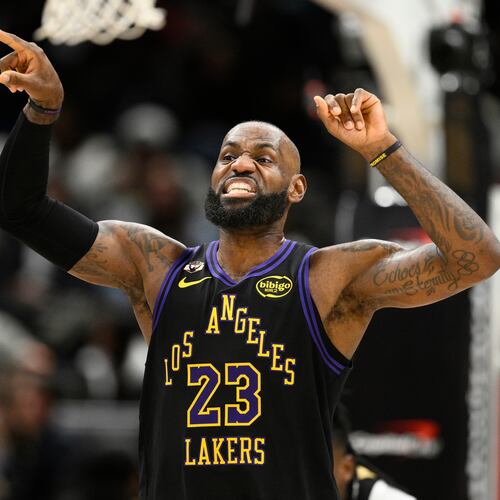 Los Angeles Lakers forward LeBron James gestures during the first half of an NBA basketball game against the Washington Wizards, Friday, Jan. 30, 2026, in Washington. (AP Photo/Nick Wass)