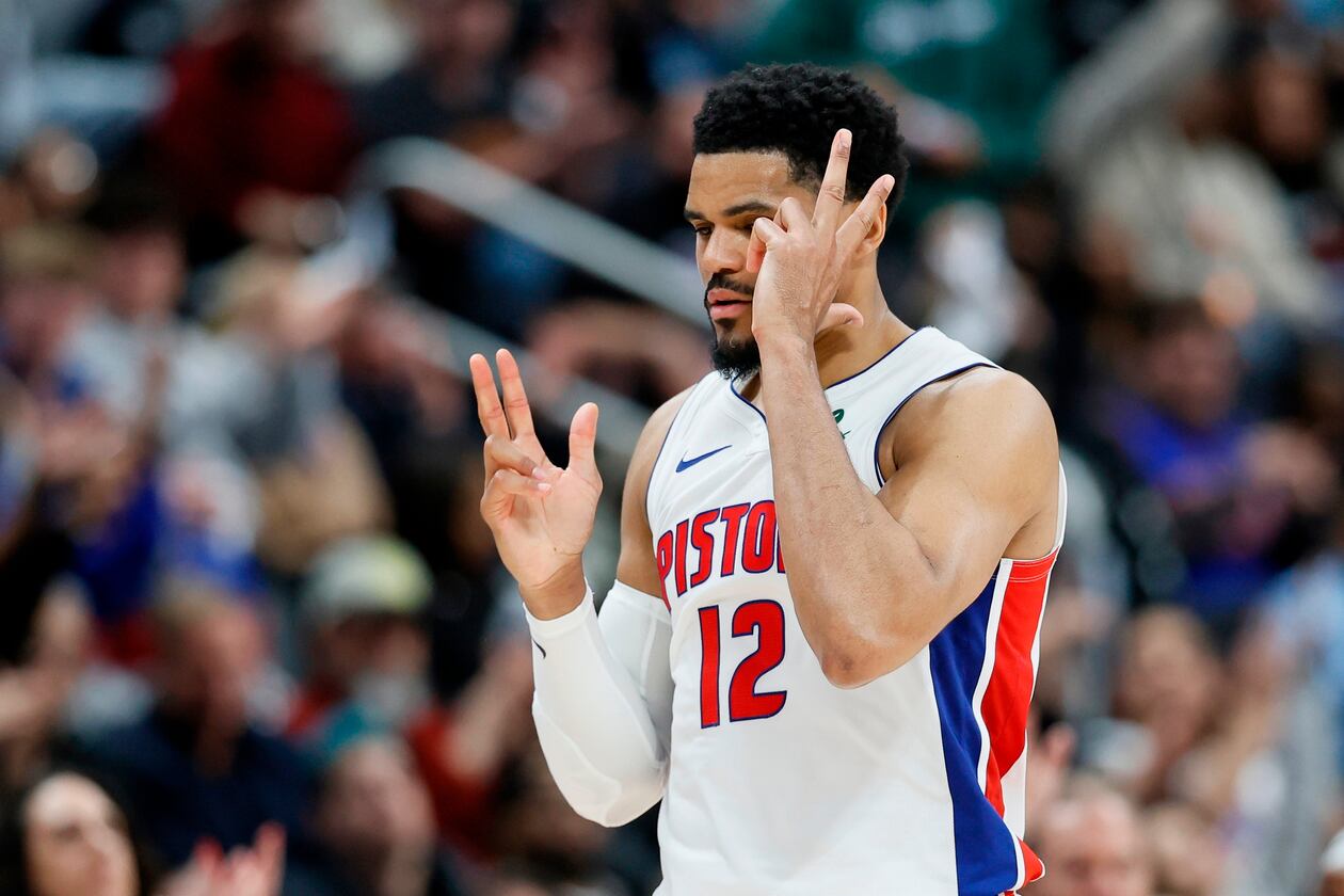 Detroit Pistons forward Tobias Harris (12) celebrates after scoring against the Orlando Magic during the fourth quarter in Game 5 of a first-round NBA basketball playoffs series Wednesday, April 29, 2026, in Detroit. (AP Photo/Duane Burleson)