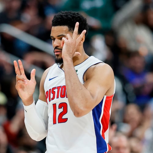 Detroit Pistons forward Tobias Harris (12) celebrates after scoring against the Orlando Magic during the fourth quarter in Game 5 of a first-round NBA basketball playoffs series Wednesday, April 29, 2026, in Detroit. (AP Photo/Duane Burleson)