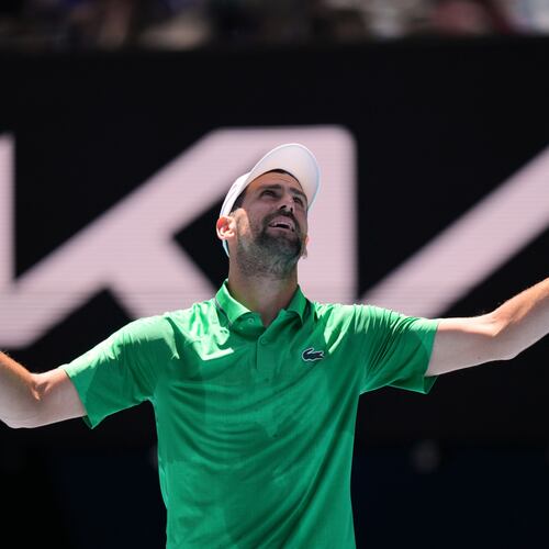 Novak Djokovic of Serbia reacts during his second round match against Francesco Maestrelli of Italy at the Australian Open tennis championship in Melbourne, Australia, Thursday, Jan. 22, 2026. (AP Photo/Aaron Favila)