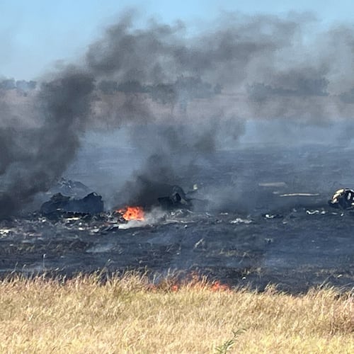 This photo provided by the Bell County Sheriff's Office shows the scene of an Army Apache helicopter crash Wednesday, Aug. 12, 2026, near Salado, Texas. (Cliff Coleman/Bell County Sherrif's Office via AP)