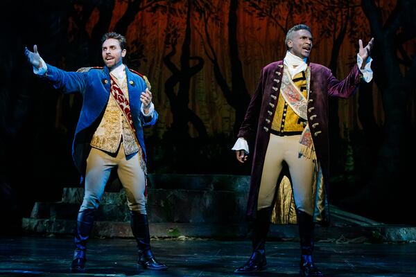 In City Springs Theatre's fairy-tale musical "Into the Woods," Colt Prattes (left) and Benjamin H. Moore play rival princes.