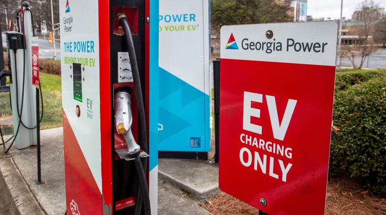 A Georgia Power charging station for electric vehicles is located at the Georgia Power HQ visitors' parking lot on Thursday, February 17, 2022. STEVE SCHAEFER FOR THE ATLANTA JOURNAL-CONSTITUTION