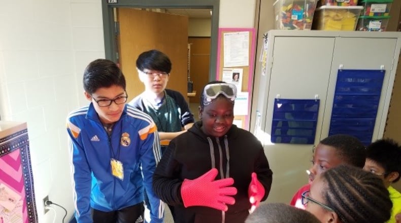 Sixty-five eighth-graders created a learning project on the rock cycle, then taught nine third-grade classes at Chattahoochee Elementary School.