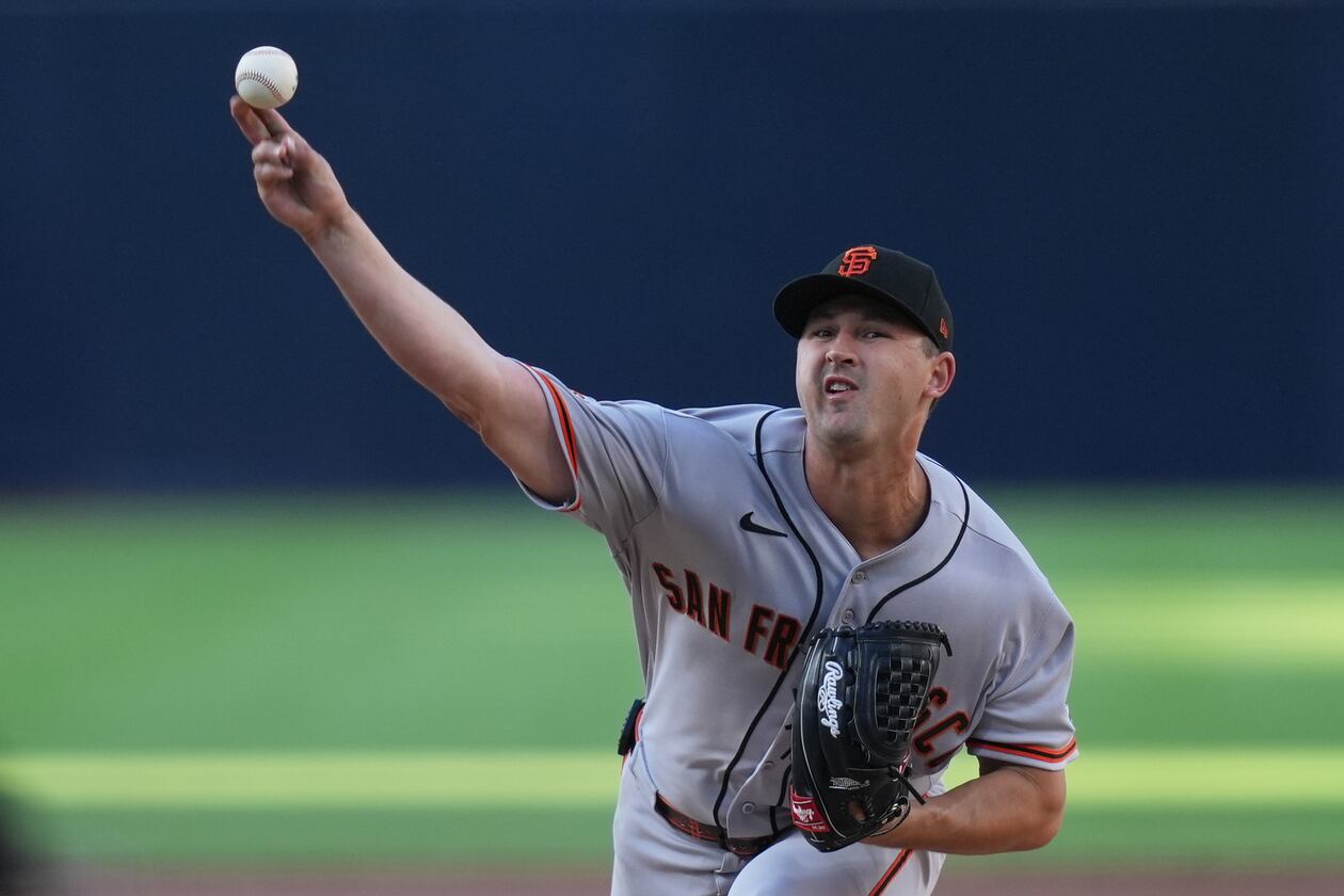 San Francisco Giants starting pitcher Tyler Mahle works against a San Diego Padres batter during the second inning of a baseball game Saturday, Aug. 1, 2026, in San Diego. (Gregory Bull/AP)