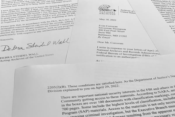 FILE - A letter from acting archivist of the United States Debra Steidel Wall to former President Donald Trump's legal team is photographed, Aug. 23, 2022. The letter details that the National Archives recovered 100 documents bearing classified markings, totaling more than 700 pages, from an initial batch of 15 boxes retrieved from Mar-a-Lago earlier in 2022. (AP Photo/Jon Elswick, File)