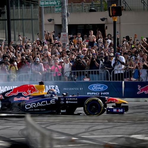 Oracle Red Bull Racing Formula One car takes part in a demonstration run on Hank Aaron Drive during the Red Bull Showrun Atlanta Presented by Ford Racing on Saturday, Aug. 1, 2026, in Atlanta. Atlanta city officials this week approved permits for the Red Bull Showrun that will allow the live motorsports demonstration event to go on as advertised along a roughly half-mile stretch of Hank Aaron Drive — a backup location after earlier plans to hold the event near Piedmont Park ran into opposition from Midtown residents. (Hyosub Shin/AJC)