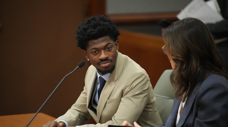 FILE - Lil Nas X, whose legal name is Montero Lamar Hill, appears in court on March 12, 2026, in Los Angeles, charged with four felony counts, including three counts of battery with injury on a police officer. (Daniel Cole/Pool Photo via AP, File)