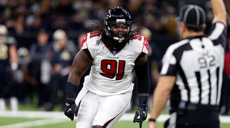 Falcons defensive end Courtney Upshaw (91) celebrates a defensive stop in the first half of an NFL football game against the New Orleans Saints in New Orleans, Sunday, Dec. 24, 2017.