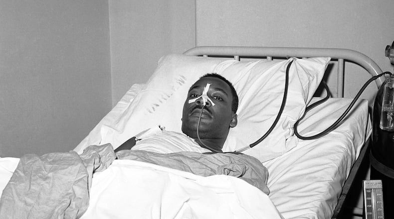 In this Sept. 21, 1958, file photo, Martin Luther King Jr. recovers from surgery at New York's Harlem Hospital after an operation to remove a steel letter opener from his chest.
