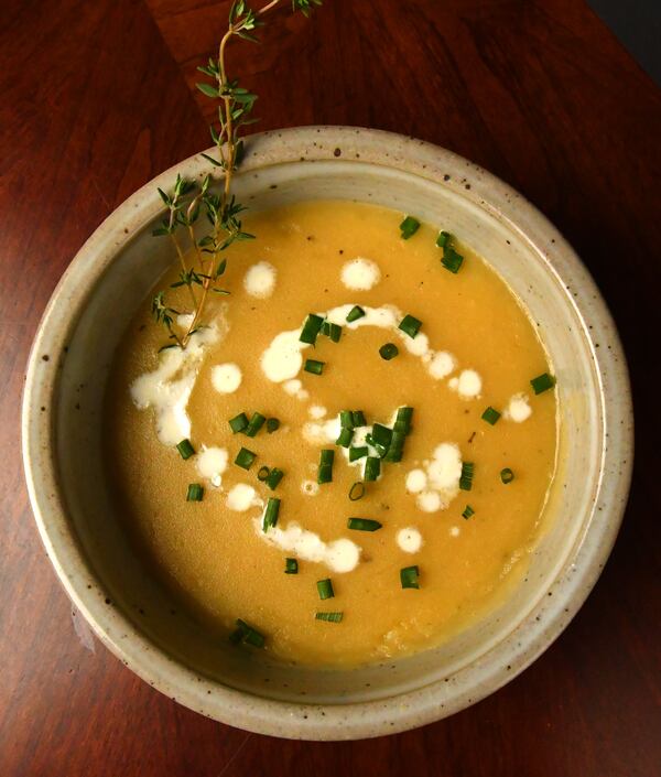 230102 Atlanta, Ga: Potato Leek Soup. Photo for cover story in Food section on Hearty Dishes. Styling by Tatiana Gonzalez. Photo taken Monday January 2, 2023 at the home of Tatiana Gonzalez. AAJC011923HEARTYDISHES (CHRIS HUNT FOR THE ATLANTA JOURNAL-CONSTITUTION)