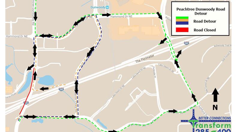 Map depicts the recommended detours when Peachtree Dunwoody Road is closed for construction at I-285. GEORGIA DEPARTMENT OF TRANSPORTATION