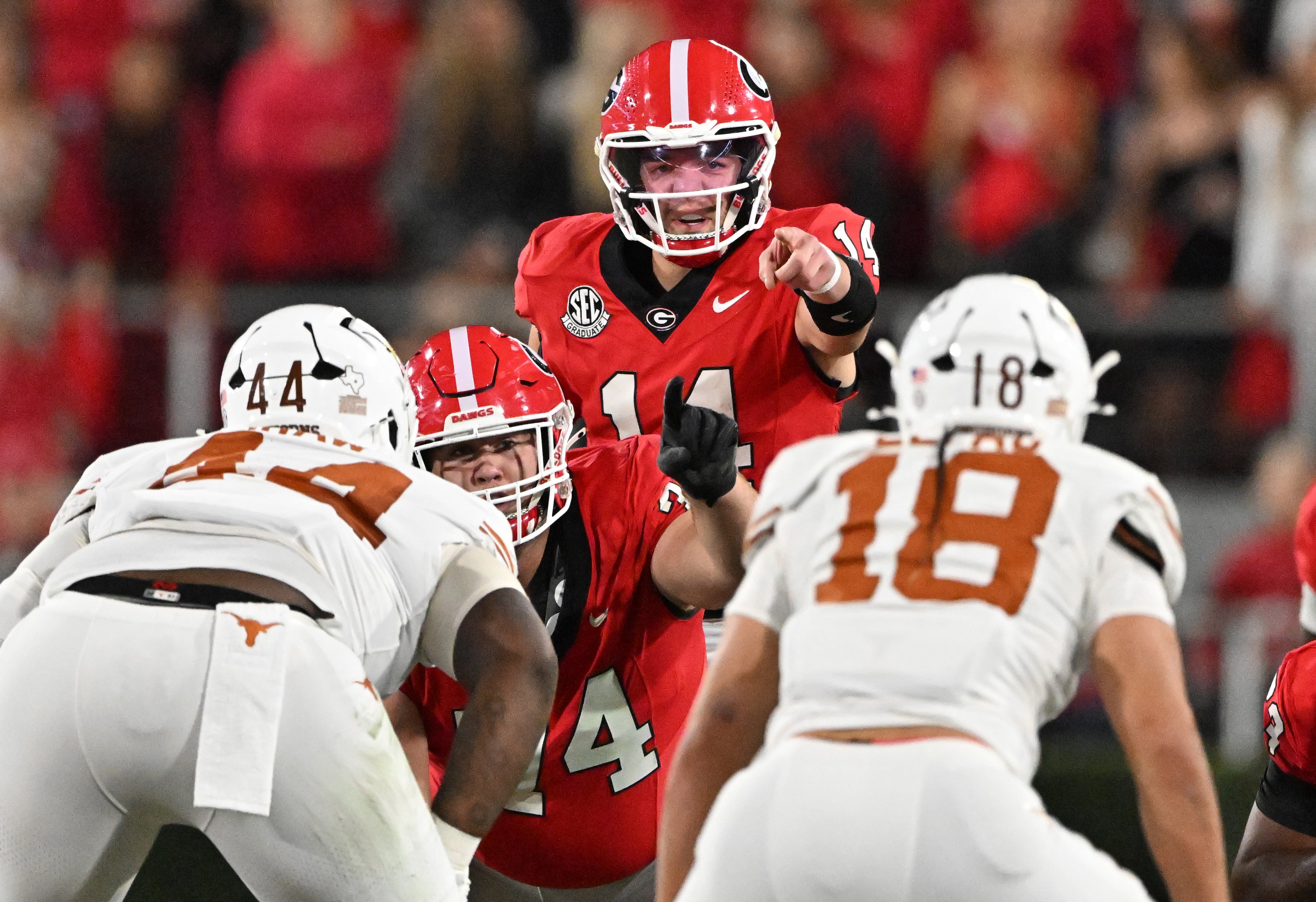Georgia quarterback Gunner Stockton (14) shouts instructions during the first half in an NCAA football game at Sanford Stadium, Saturday, November 15, 2025, in Athens. (Hyosub Shin / AJC)