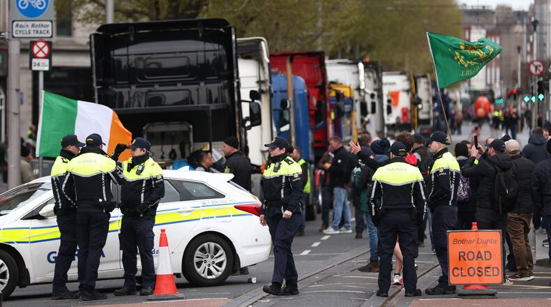 Tractors block O'Connell Street on the fifth day of the National Fuel Protest, in Dublin, Ireland, Saturday, April 11, 2026. (AP Photo/Peter Morrison)