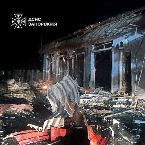 In this photo provided by the Ukrainian Emergency Services on Tuesday, Sept. 22, 2026, a building is seen damaged after a Russian strike on Zaporizhzhia, Ukraine. (Ukrainian Emergency Service via AP)