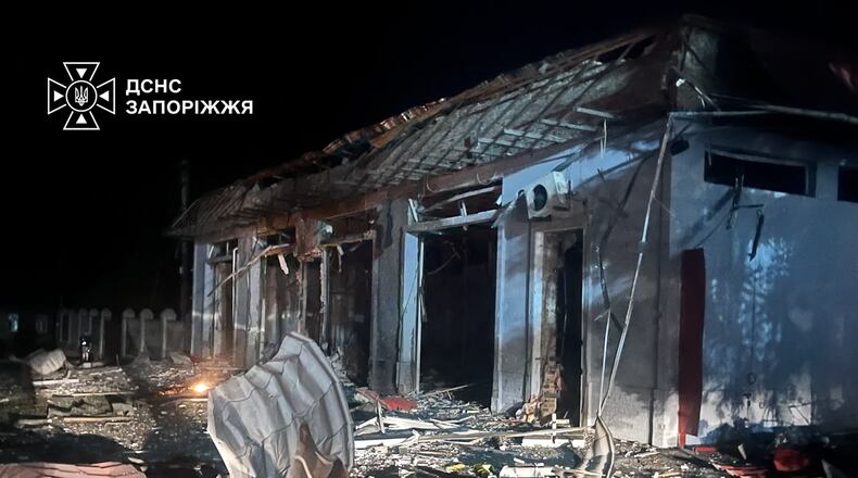 In this photo provided by the Ukrainian Emergency Services on Tuesday, Sept. 22, 2026, a building is seen damaged after a Russian strike on Zaporizhzhia, Ukraine. (Ukrainian Emergency Service via AP)