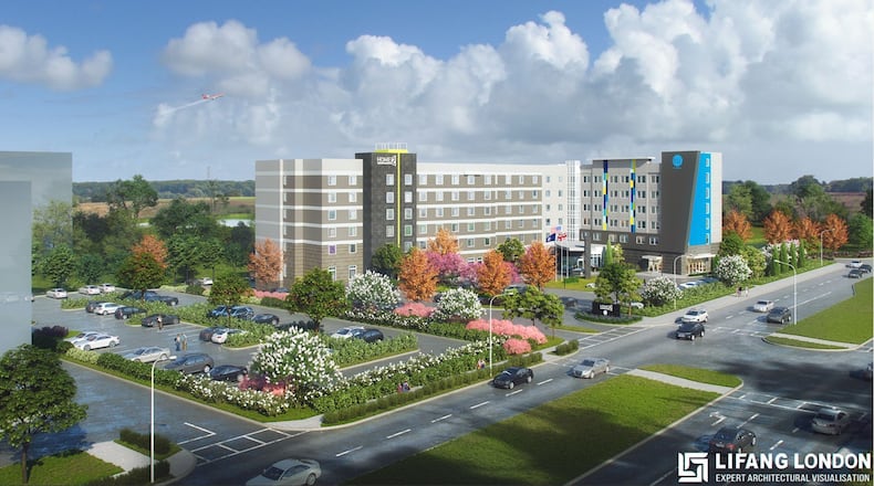 An artist's rendering of the Home2 Suites and Tru dual-branded hotel to be built next to the Georgia International Convention Center. Source: Premier Petroleum Hospitality