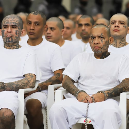 FILE - Alleged gang members take part in a mass trial at the Terrorism Confinement Center (CECOT) in Tecoluca, El Salvador, April 23, 2026. (AP Photo/Salvador Melendez, File)