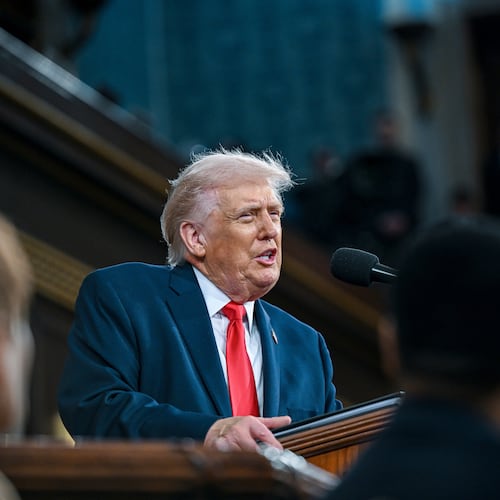 President Donald Trump delivers the State of the Union address to a joint session of Congress in the House chamber at the U.S. Capitol in Washington, Tuesday, Feb. 24, 2026. (Kenny Holston/The New York Times via AP, Pool)