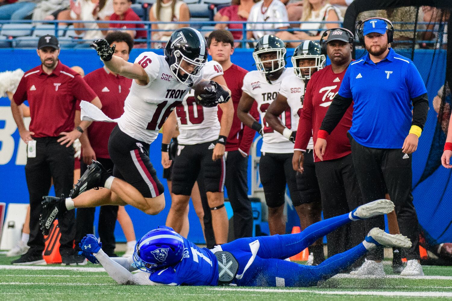 Troy wide receiver Peyton Higgins avoids a tacklea against Georgia State Saturday, Sept. 30, 2023. Troy won 28-7. (Jamie Spaar for the Atlanta Journal Constitution)