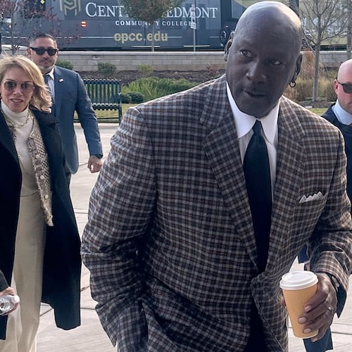 Michael Jordan arrives in the Western District of North Carolina on Monday Dec 1, 2025 for the start of the antitrust trial between 23XI Racing and Front Row Motorsports against NASCAR, in Charlotte, N.C. (AP Photo/Jenna Fryer)
