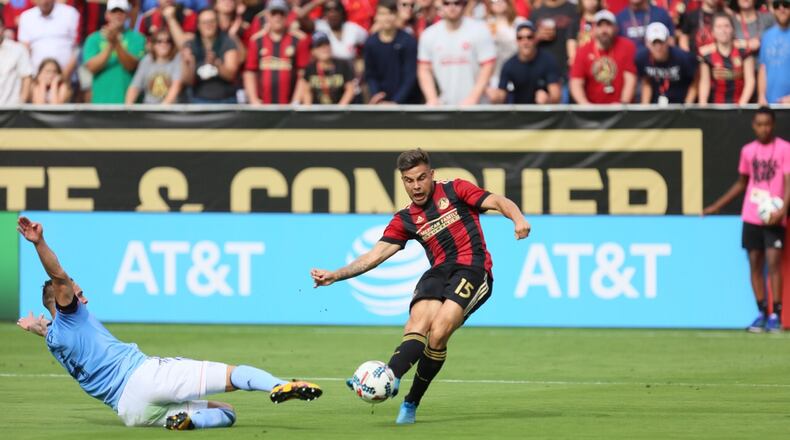 Hector Villalba scores his fifth goal this season for Atlanta United in Sunday’s 3-1 win over NYCFC. (Miguel Martinez / Mundo Hispanico)