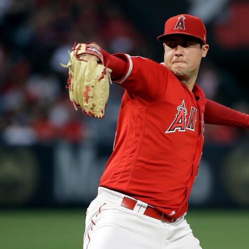 FILE - In this June 29, 2019, file photo, Los Angeles Angels starting pitcher Tyler Skaggs throws to an Oakland Athletics batter during a baseball game in Anaheim, Calif. (AP Photo/Marcio Jose Sanchez, File)
