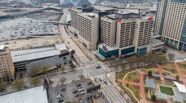 Aerial view shows nearly empty downtown Atlanta on Wednesday, March 18, 2020. (Hyosub Shin / Hyosub.Shin@ajc.com)