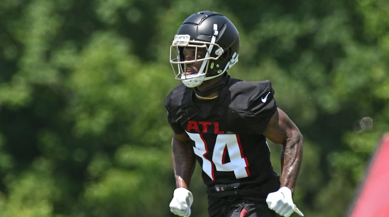 Atlanta Falcons DB Clark Phillips III (34) runs a drill during Day 2 of Falcons rookie minicamp at Atlanta Falcons Training Facility, Saturday, May 13, 2023, in Flowery Branch. (Hyosub Shin / Hyosub.Shin@ajc.com)