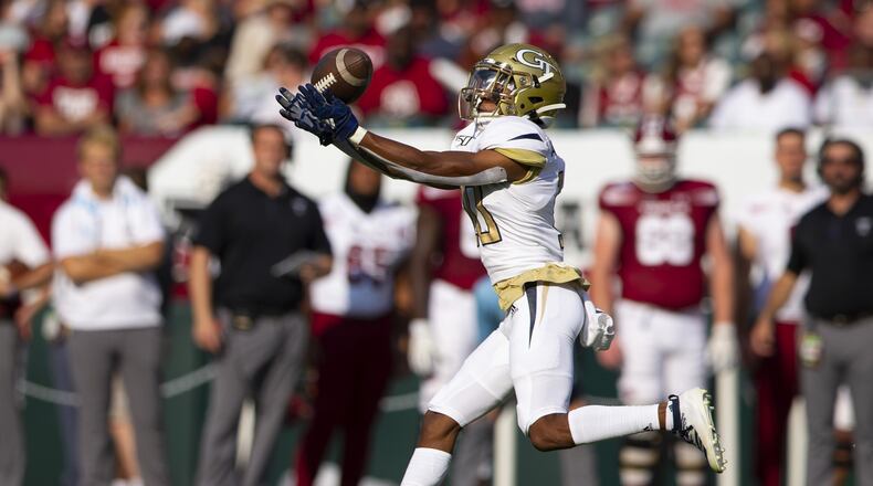 Georgia Tech's Ahmarean Brown pulls in a pass during the first half. (Photo by Mitchell Leff/Getty Images)
