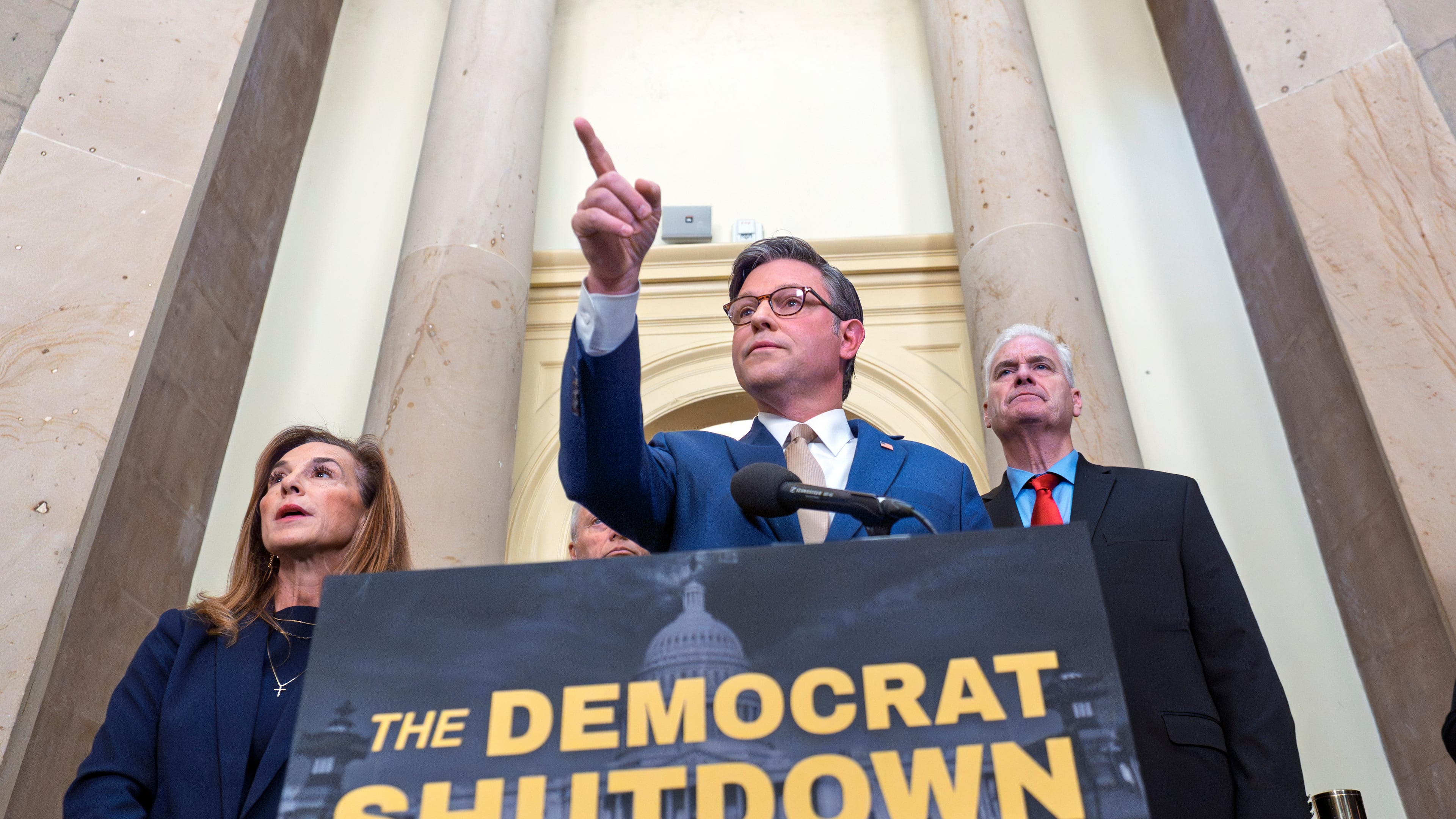Speaker of the House Mike Johnson, R-La., and GOP leaders, from left, Rep. Lisa McClain, R-Mich., and Majority Whip Tom Emmer, R-Minn., blame the government shutdown on Democrats during a news conference at the Capitol in Washington, Thursday, Oct. 2, 2025. (AP Photo/J. Scott Applewhite)