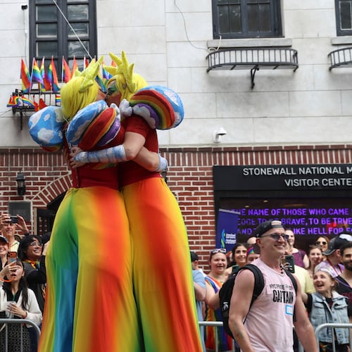 Parade-goers attend the NYC Pride March near the Stonewall Inn, Sunday, June 28, 2026 in New York. (AP Photo/Pamela Smith)