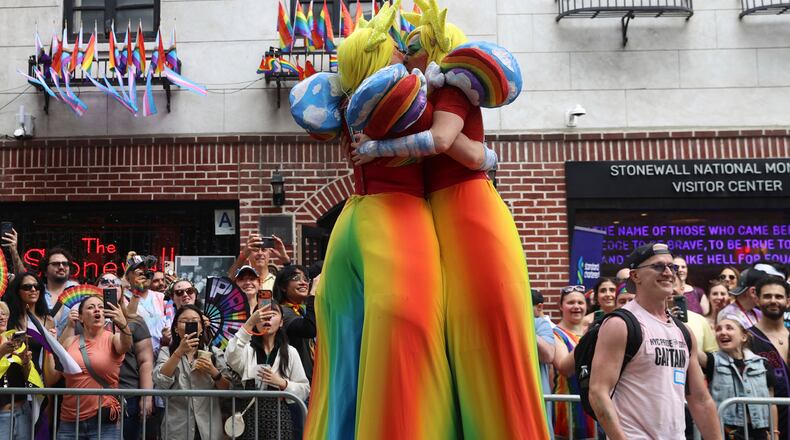 Parade-goers attend the NYC Pride March near the Stonewall Inn, Sunday, June 28, 2026 in New York. (AP Photo/Pamela Smith)