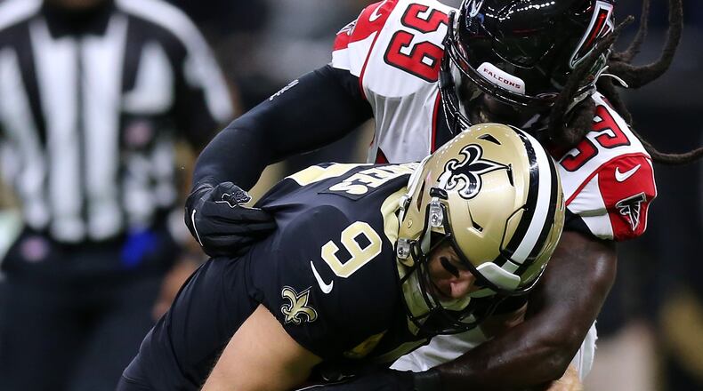 Saints quarterback Drew Brees is sacked by Falcons' De'Vondre Campbell during the first half Nov. 10, 2019, at the Mercedes Benz Superdome in New Orleans.