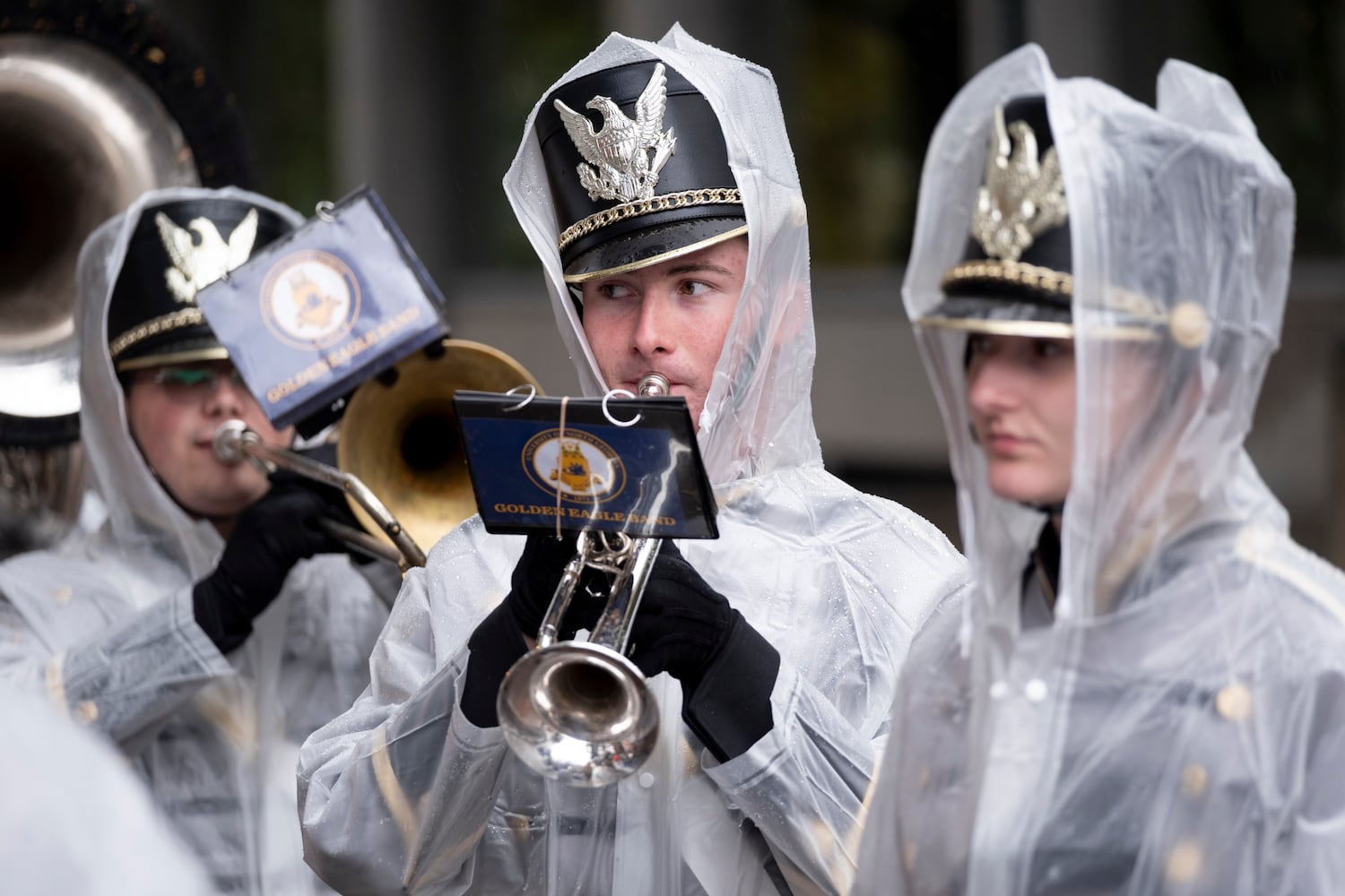 Chase Piotrowski warms up with the University of North Georgia Golden Eagle Band before the beginning of the 42nd annual Georgia Veterans Day Parade in Midtown Atlanta on Saturday, Nov. 11, 2023.   (Ben Gray / Ben@BenGray.com)