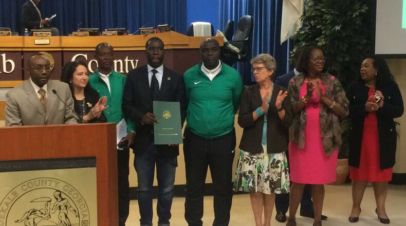 The DeKalb County Board of Commissioners and representatives for United Soccer Africa recognized the Nigeria men’s Olympic soccer team on Tuesday. The team is playing a match Saturday at Silverbacks Park. From left: Commissioner Larry Johnson, Commissioner Nancy Jester, Bunny Jinadu of United Soccer Africa, Assistant Coach Fatal Amoo, Goal Keeper Coach David Ngodigha, Commissioner Kathie Gannon, Commissioner Mereda Davis Johnson and Commissioner Sharon Barnes Sutton. MARK NIESSE/ MARK.NIESSE@AJC.COM