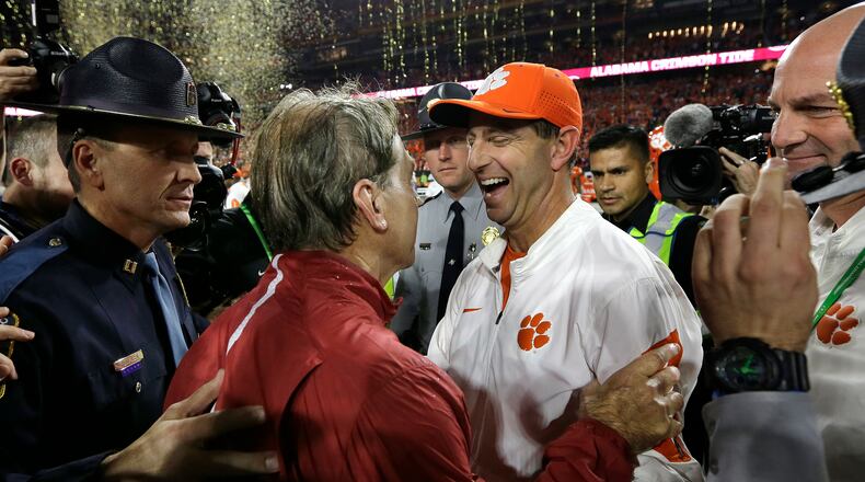 Chances are we'll see Clemson coach Dabo Swinney and Alabama's Nick Saban greeting one another after another playoff championship game. (AP Photo/David J. Phillip, File)