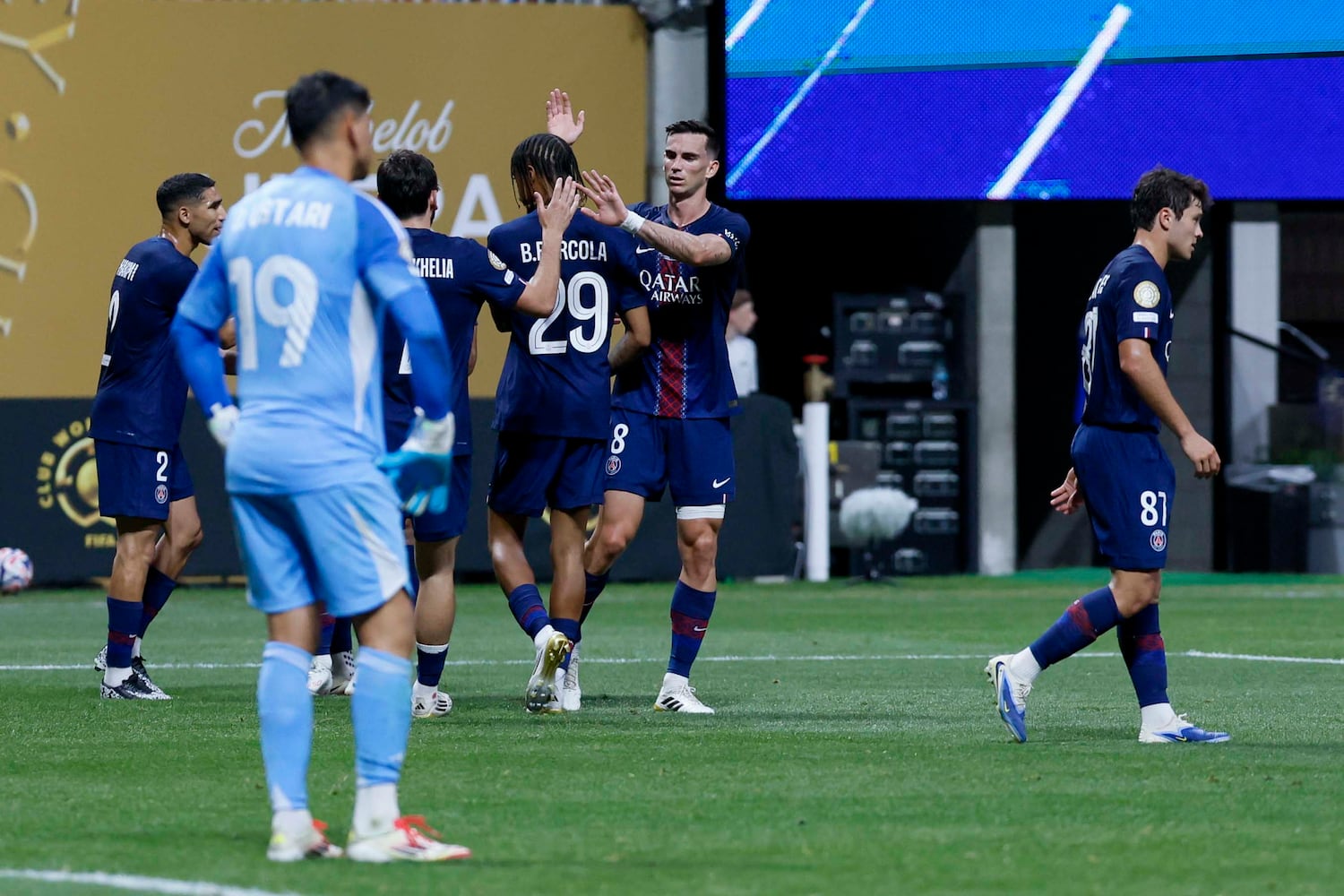 Paris Saint-Germain players recats after Inter Miami midfielder Tomás Aviles (6) score a own goal during the Club World Cup round of 16 soccer match between Paris Saint-Germain FC and Inter Miami in Atlanta, Georgia, on Sunday, June 29, 2025.
(Miguel Martinez/ AJC)