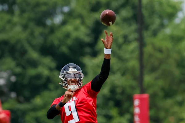Atlanta Falcons quarterback Michael Penix Jr. (9) throws the ball for a pass during minicamp at the Atlanta Falcons Training Facility, Wednesday, June 11, 2025, in Flowery Branch, Ga.
(Miguel Martinez/ AJC)