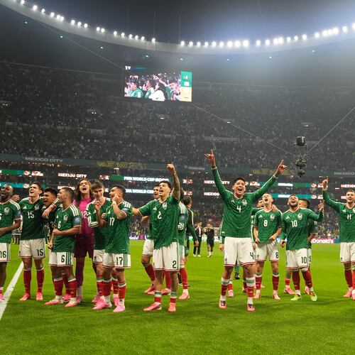 Mexico players celebrate after the World Cup round of 32 soccer match between Mexico and Ecuador in Mexico City, Tuesday, June 30, 2026. (AP Photo/Fernando Llano)