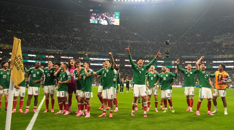 Mexico players celebrate after the World Cup round of 32 soccer match between Mexico and Ecuador in Mexico City, Tuesday, June 30, 2026. (AP Photo/Fernando Llano)