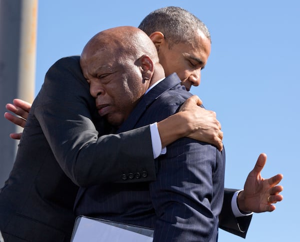 The President hugs Rep. John Lewis after his introduction in 2015.
(Official White House Photo by Pete Souza)