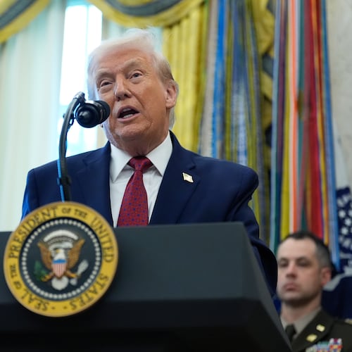 President Donald Trump speaks during a Mexican Border Defense Medal presentation in the Oval Office of the White House, Monday, Dec. 15, 2025, in Washington. (AP Photo/Alex Brandon)