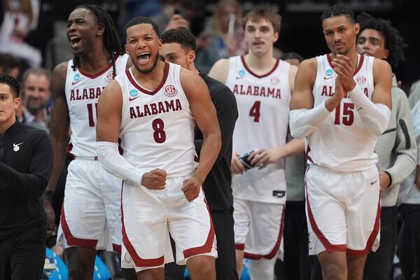 Alabama players react during the second half of a Sweet 16 round NCAA college basketball tournament game against Brigham Young, Thursday, March 27, 2025, in Newark, N.J. (AP Photo/Frank Franklin II)