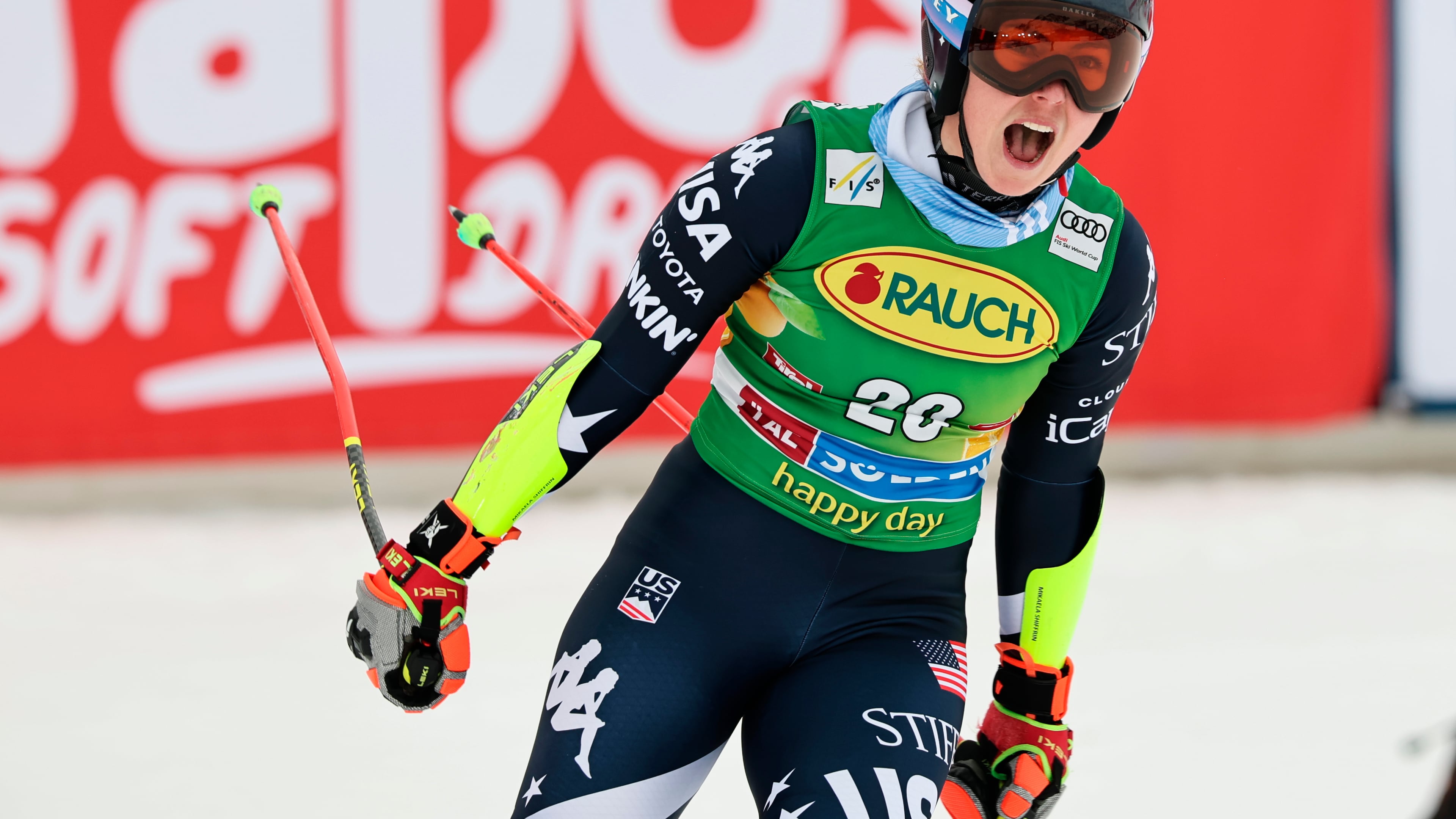 United States' Mikaela Shiffrin celebrates at the finish area of an alpine ski, women's World Cup giant slalom, in Soelden, Austria, Saturday, Oct. 25, 2025. (AP Photo/Marco Trovati)