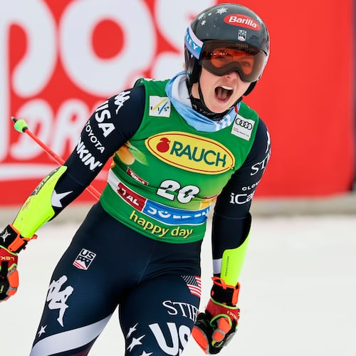 United States' Mikaela Shiffrin celebrates at the finish area of an alpine ski, women's World Cup giant slalom, in Soelden, Austria, Saturday, Oct. 25, 2025. (AP Photo/Marco Trovati)
