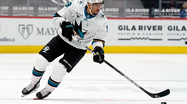 San Jose Sharks left wing Evander Kane moves the puck  against the Arizona Coyotes, in Glendale, Ariz, back in March. The NHL says it will investigate an allegation made by Kane’s wife that he bets on his own games and has intentionally tried to lose for gambling profit.