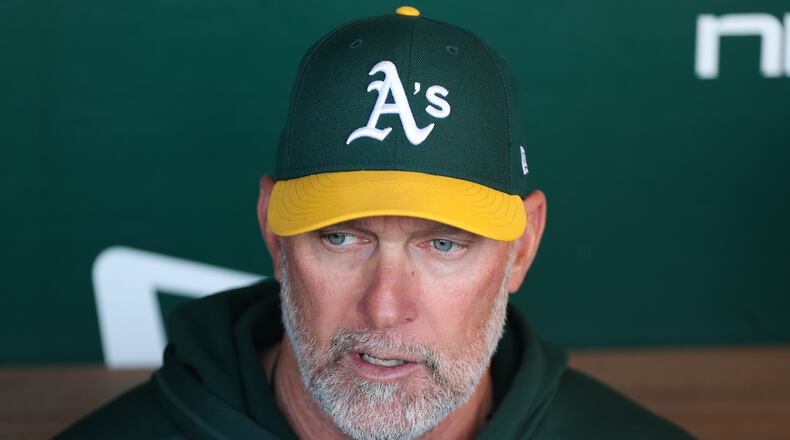 Athletics manager Mark Kotsay talks to the media before a baseball game against the New York Yankees, Friday, May 29, 2026, in West Sacramento, Calif. (AP Photo/Scott Marshall)