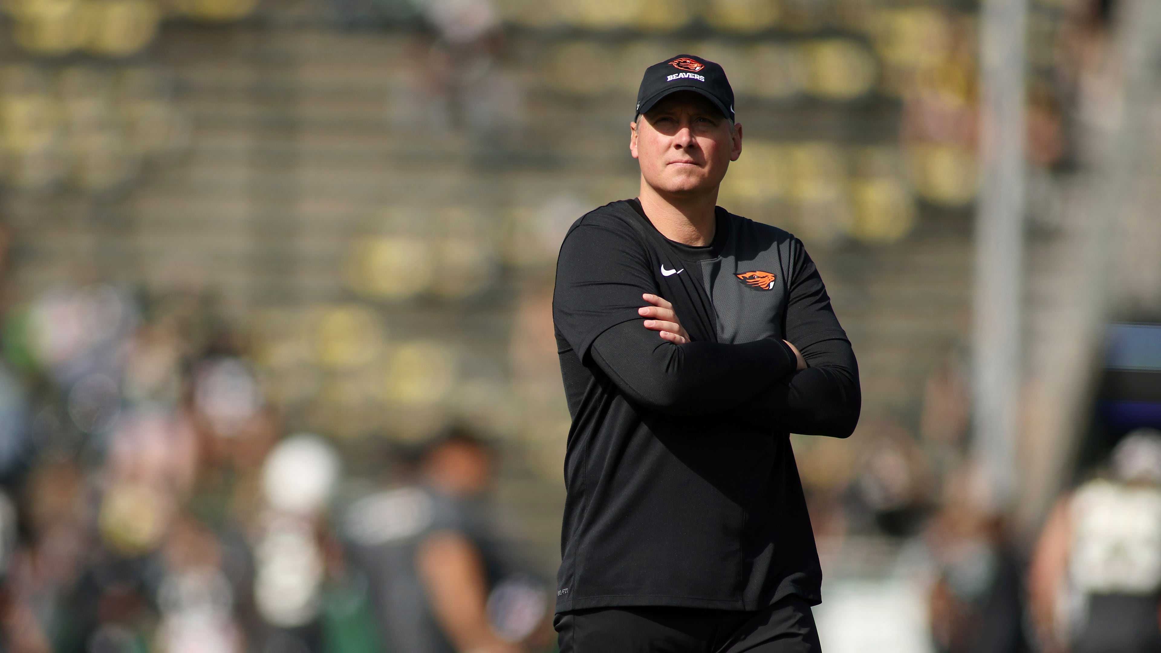 Oregon State head coach Trent Bray watches before an NCAA college football game against Oregon, Saturday, Sept. 20, 2025, in Eugene, Ore. (AP Photo/Lydia Ely)