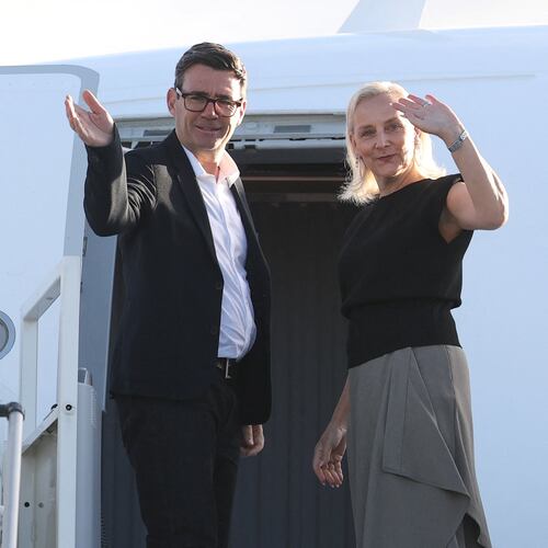 Britain's Prime Minister Andy Burnham and his wife Marie-France van Heel board a plane for the United States, at Stansted Airport, Stansted, England, Monday Sept. 21, 2026, to attend the UN General Assembly in New York. (Toby Melville/Pool Photo via AP)